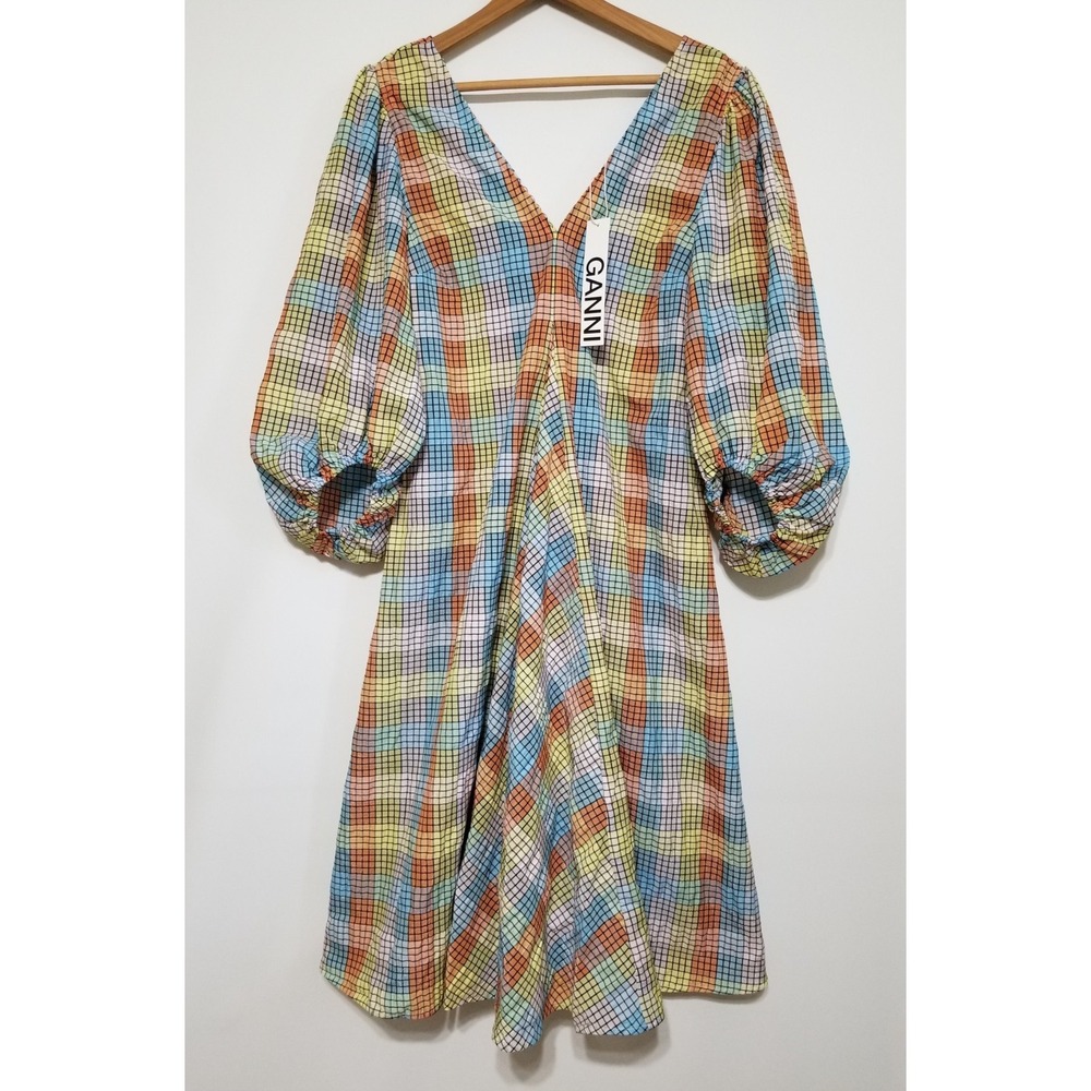 NWT‎ GANNI Seersucker Check V-Neck Midi Dress Balloon Sleeve EU 38 (US 6/M) $265